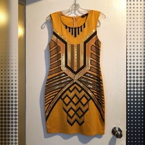 Yellow Metallic Art Deco/ Machine Age Print Dress